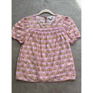 J Crew Womens Blouse Cotton Short Puff Sleeve XS Pink Mustard Top Fall